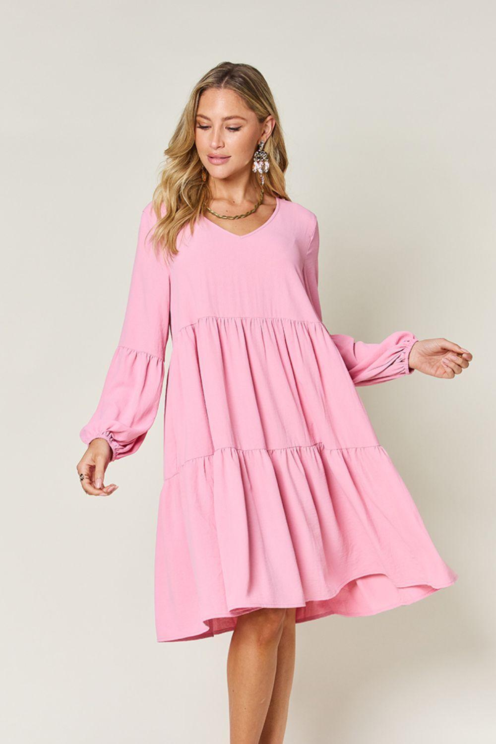 Double Take Full Size V-Neck Balloon Sleeve Tiered Dress with Pockets - ClubOn