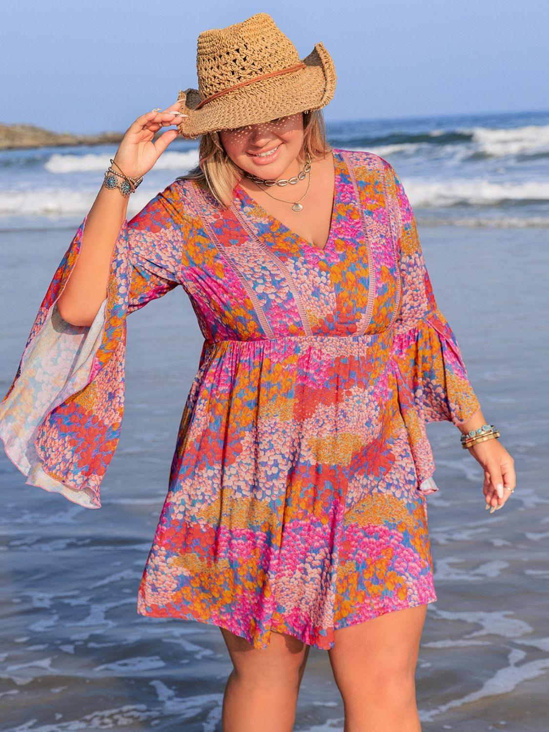 Plus Size Ruched Printed Long Sleeve Dress - ClubOn