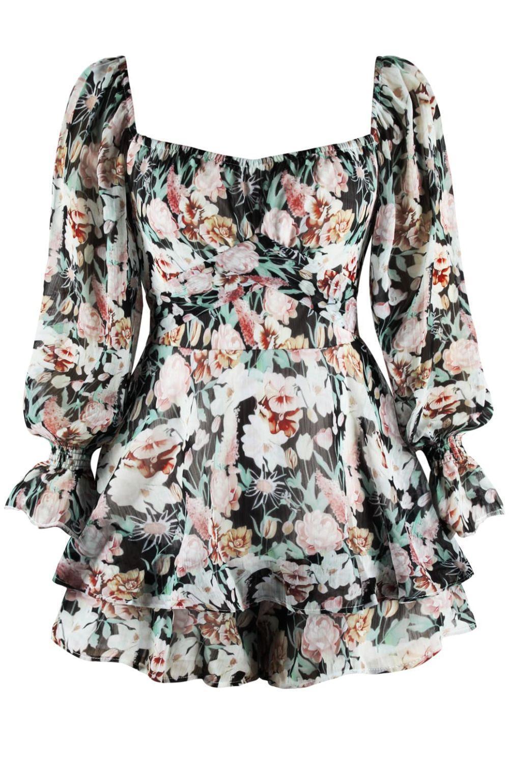 Floral Sweetheart Neck Flounce Sleeve Romper - ClubOn