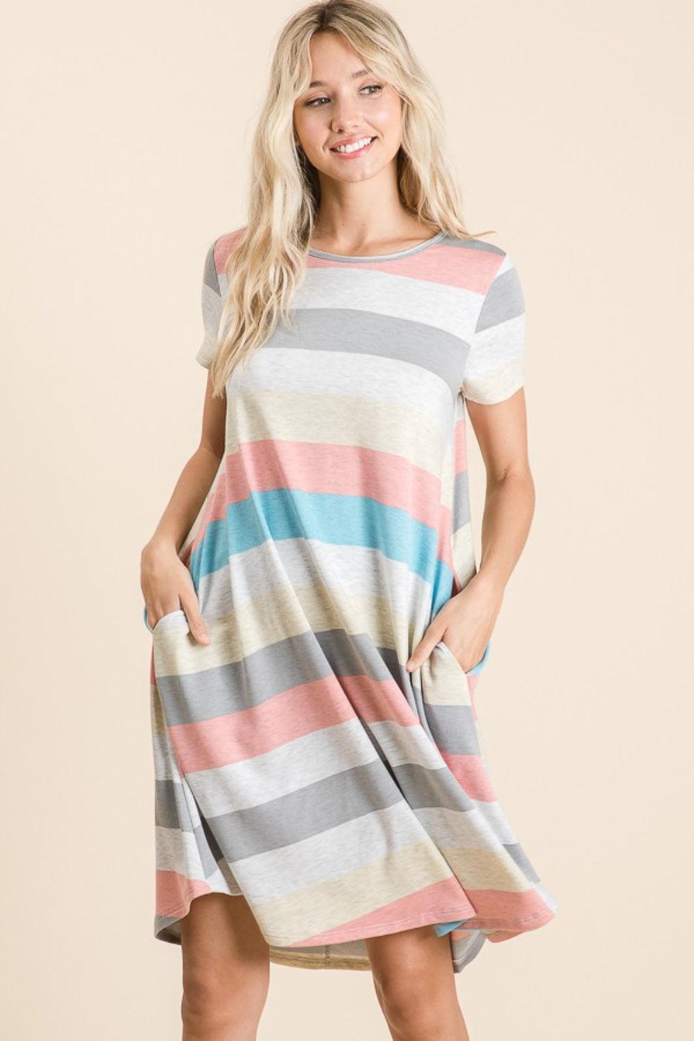 BOMBOM Striped Short Sleeve Dress with Pockets - ClubOn