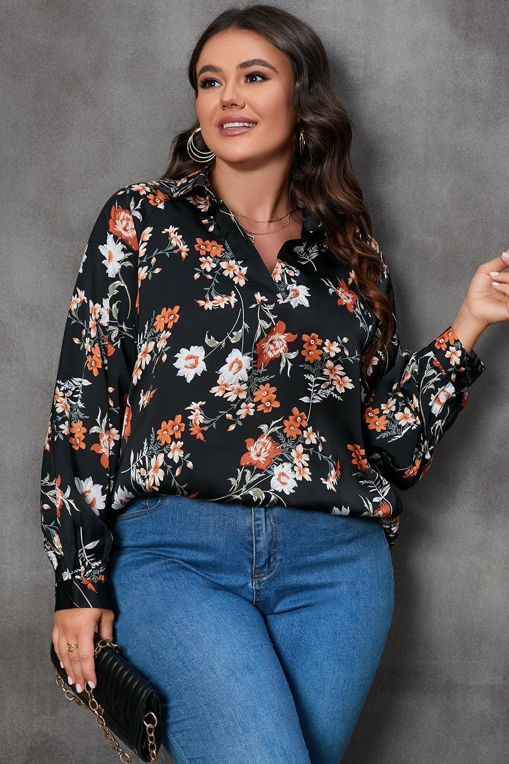 Plus Size Printed Johnny Collar Long Sleeve Blouse - ClubOn