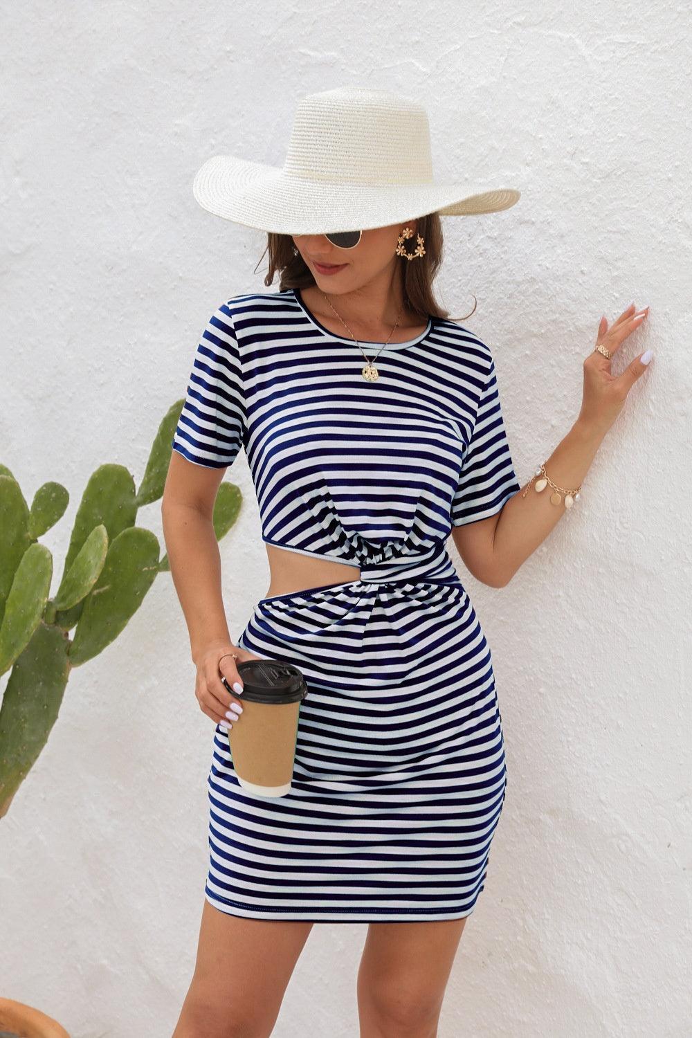Cutout Striped Round Neck Short Sleeve Dress - ClubOn