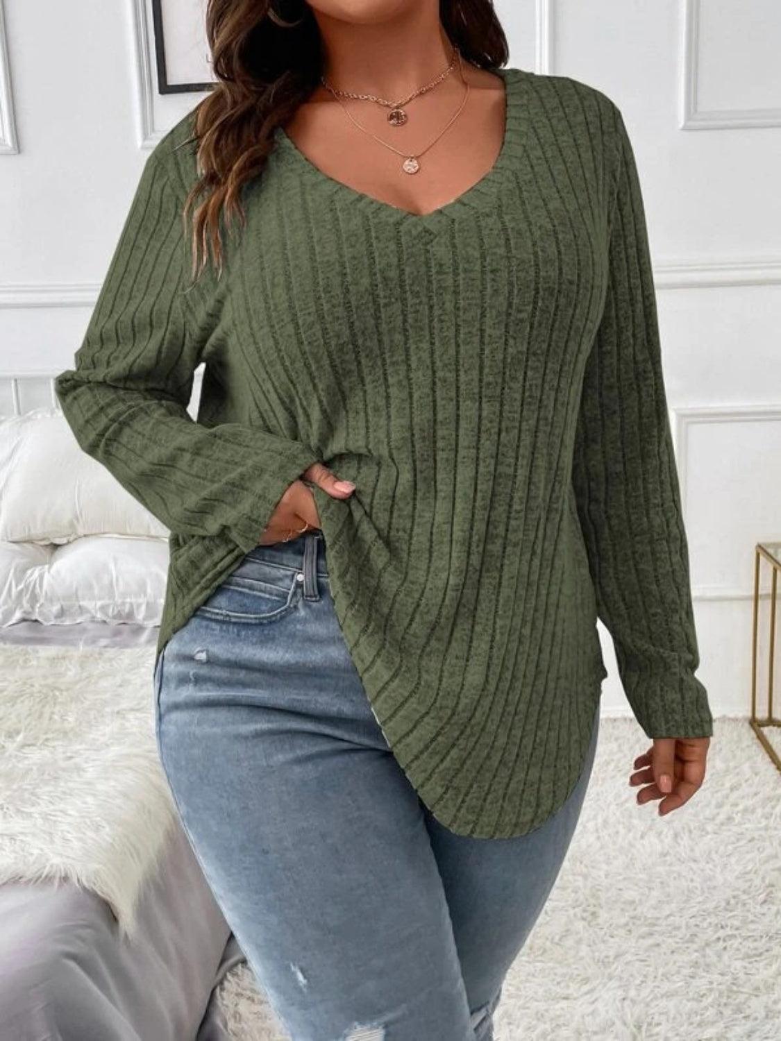 Plus Size V-Neck Long Sleeve T-Shirt - ClubOn