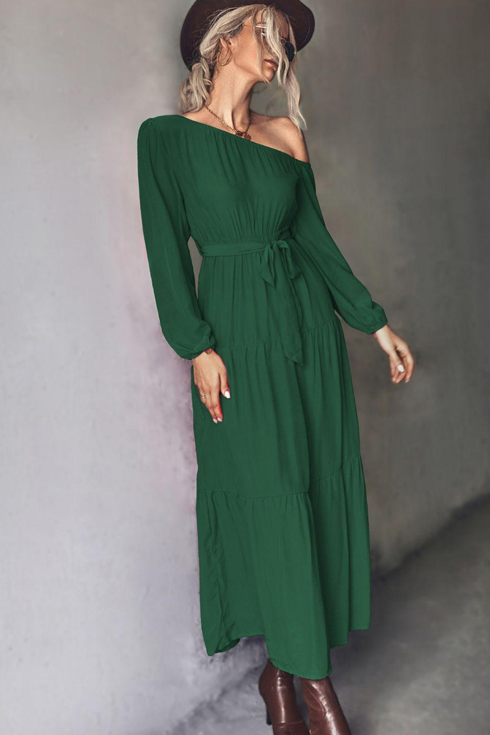 Belted One-Shoulder Tiered Maxi Dress - ClubOn