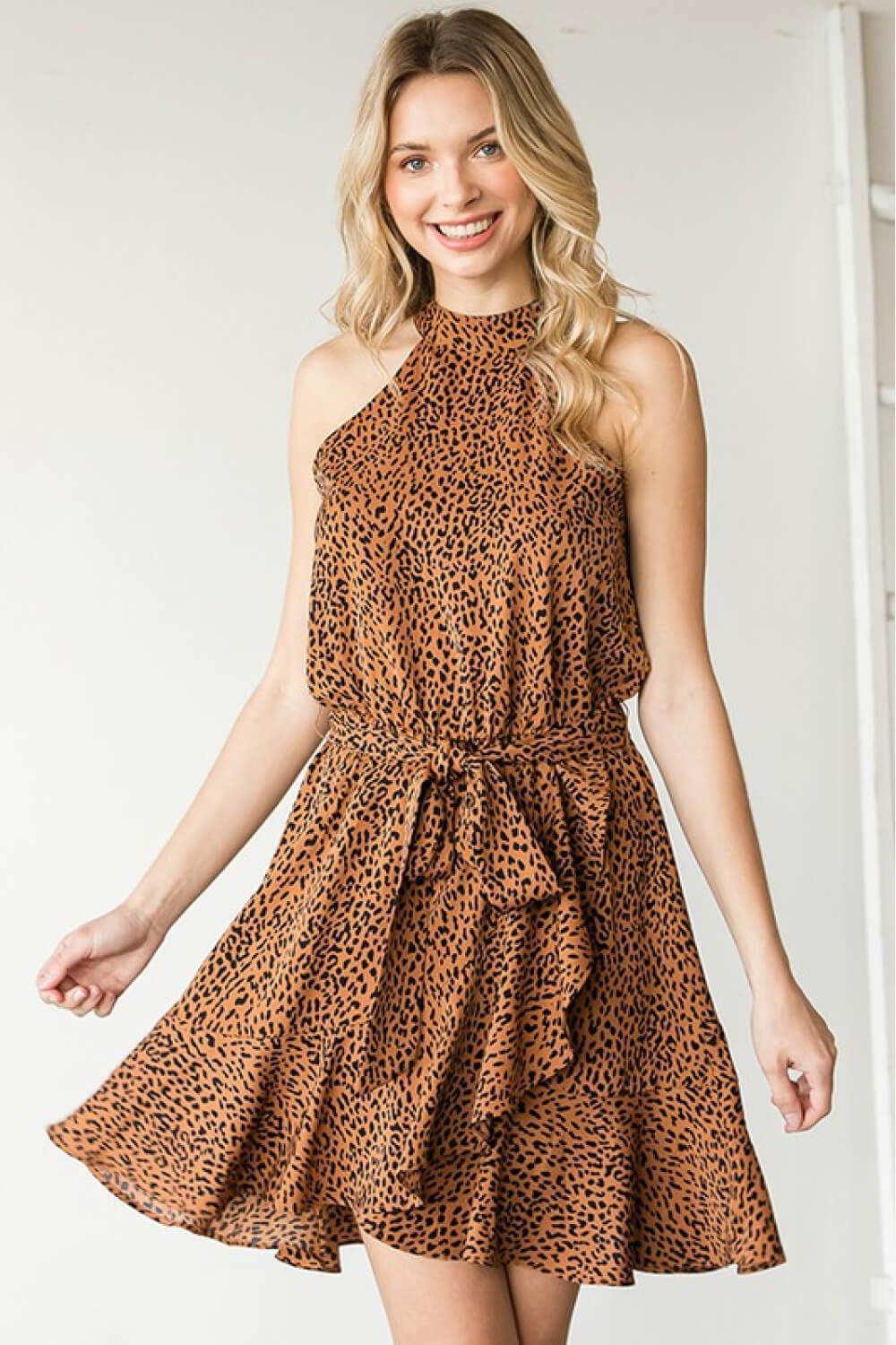First Love Full Size Leopard Belted Sleeveless Dress - ClubOn
