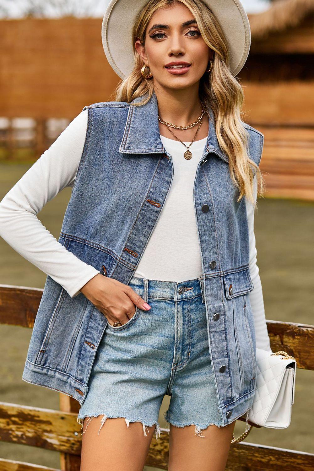 Sleeveless Collared Neck Denim Top with Pockets - ClubOn
