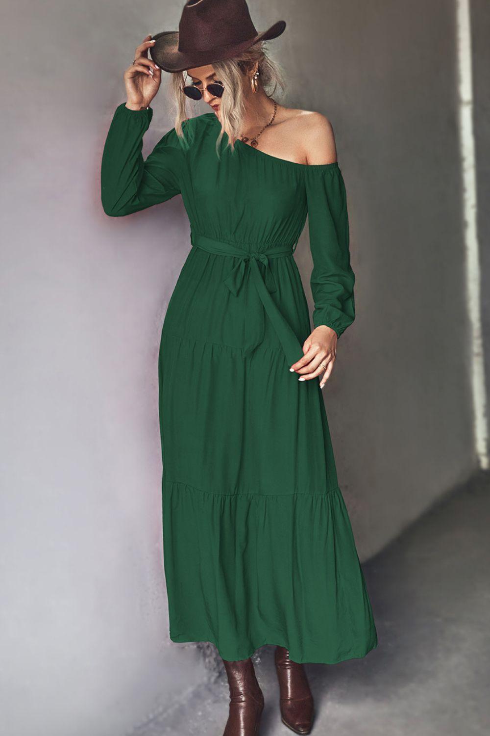 Belted One-Shoulder Tiered Maxi Dress - ClubOn