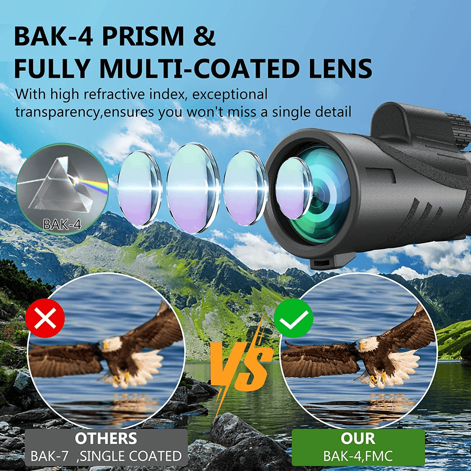80X100 Monocular Telescope – High Power, BAK-4 Prism & FMC Lens, Low Night Vision, for Bird Watching, Wildlife, Hunting, Camping, Travel - ClubOn