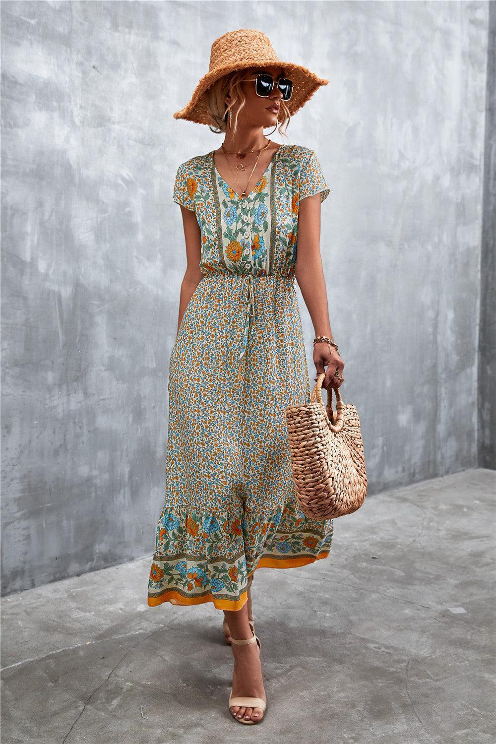 V-Neck Short Sleeve Printed Maxi Dress - ClubOn