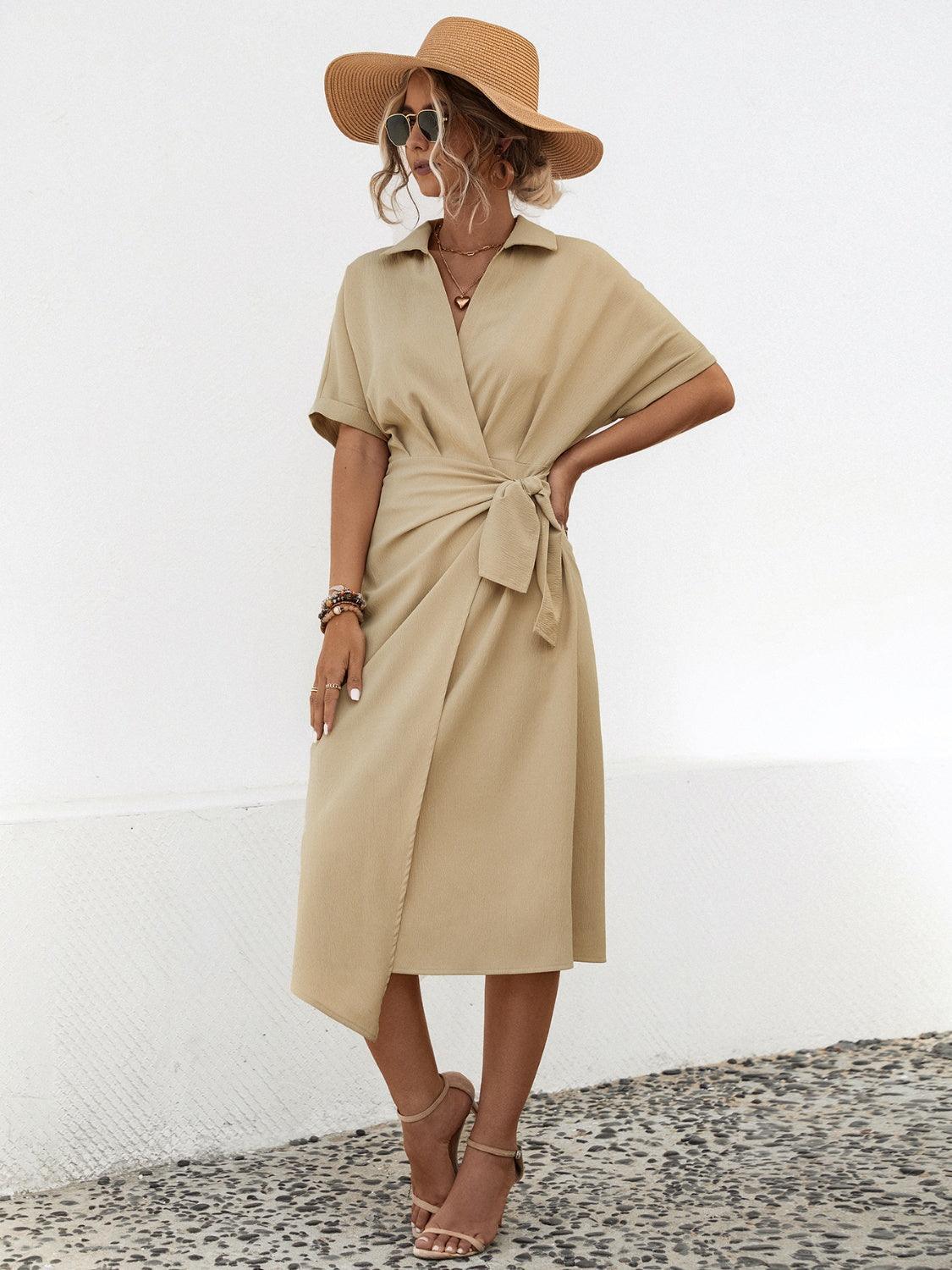 Tied Slit Short Sleeve Dress - ClubOn
