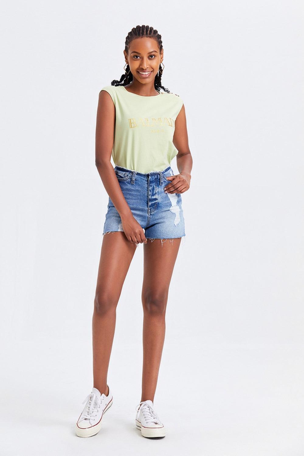 BAYEAS High Rise Bandless Denim Shorts - ClubOn
