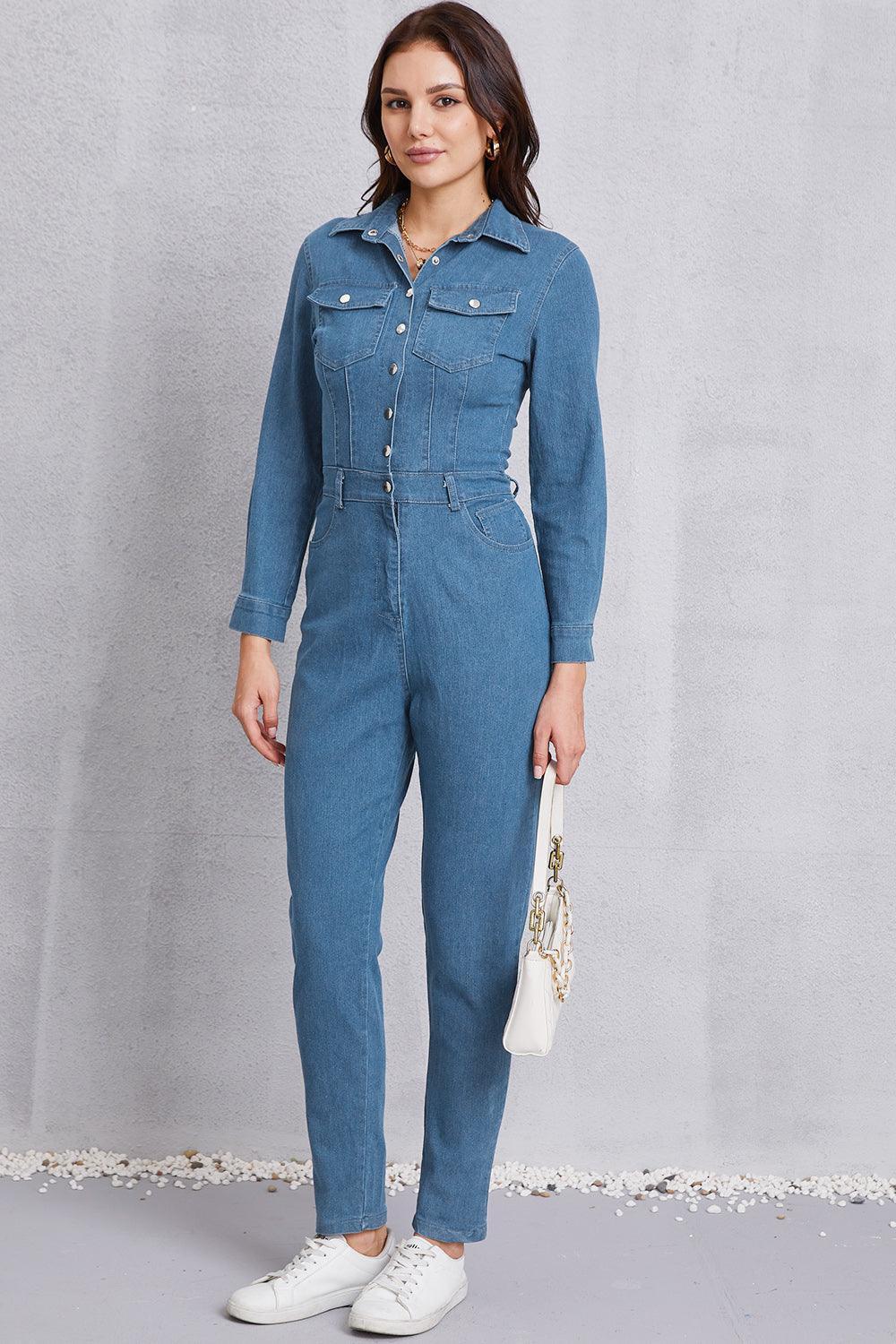 Snap Down Denim Jumpsuit with Pockets - ClubOn