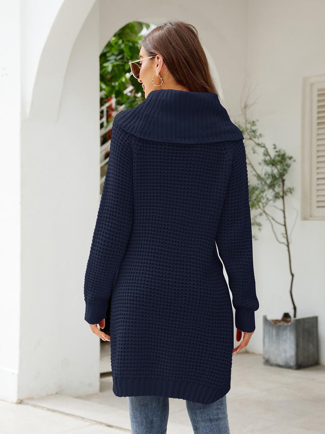 Turtleneck Waffle-Knit Slit Sweater Dress - ClubOn