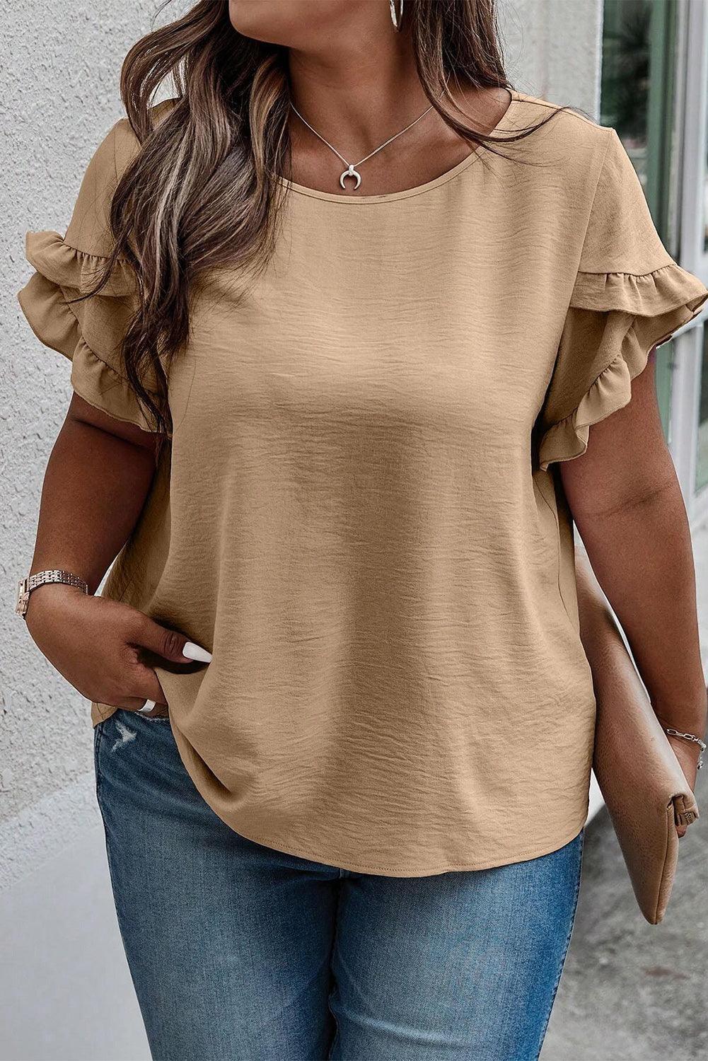 Plus Size Ruffled Petal Sleeve Round Neck T-Shirt - ClubOn