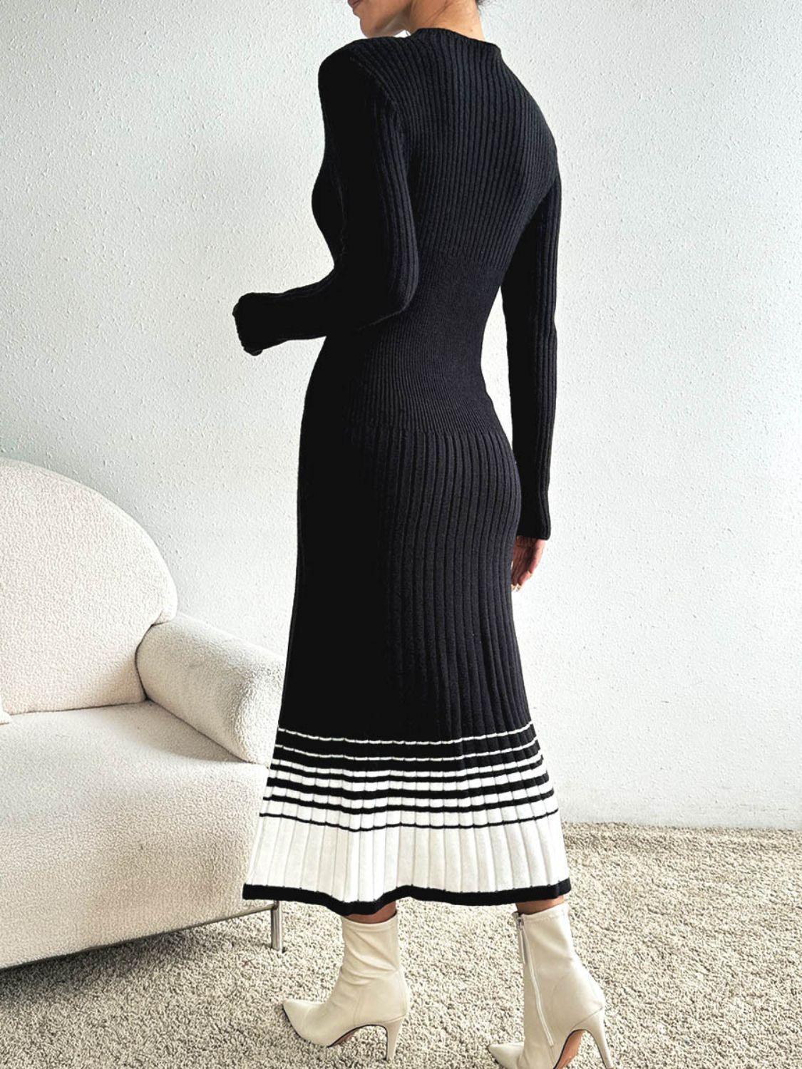 Contrast Mock Neck Long Sleeve Sweater Dress - ClubOn
