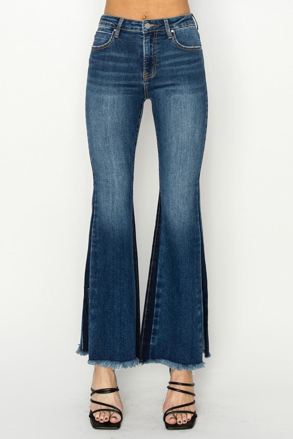 RISEN Full Size High Rise Side Shadow Seam Detail Slit Flare Jeans - ClubOn