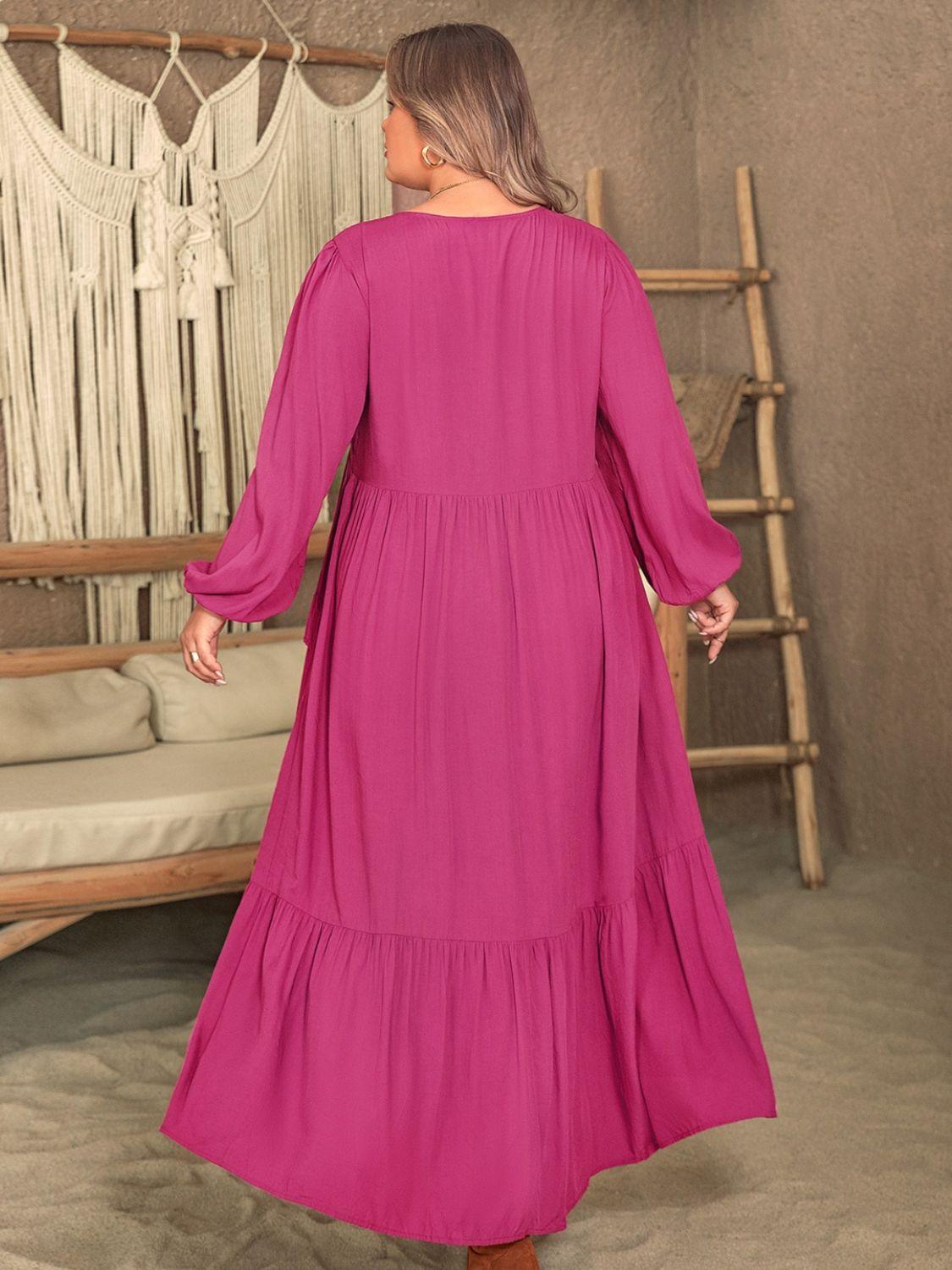 Plus Size Ruffled V-Neck Long Sleeve Dress - ClubOn