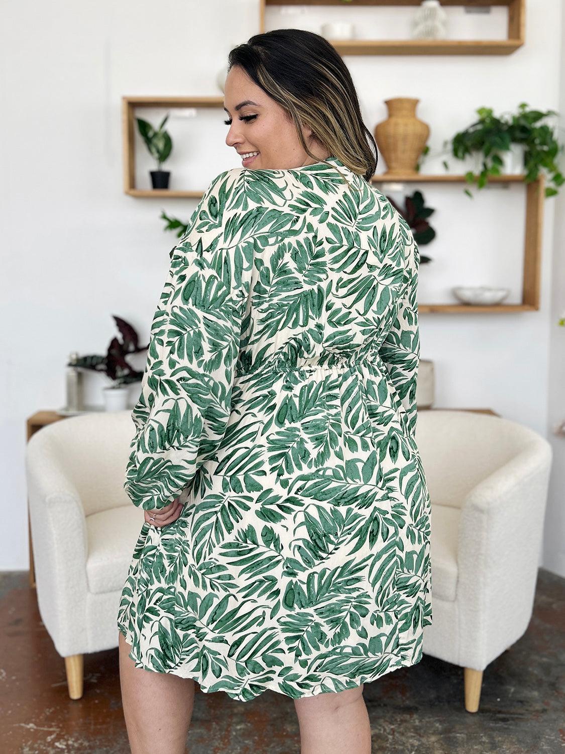 Double Take Full Size Printed Ruched Balloon Sleeve Dress - ClubOn