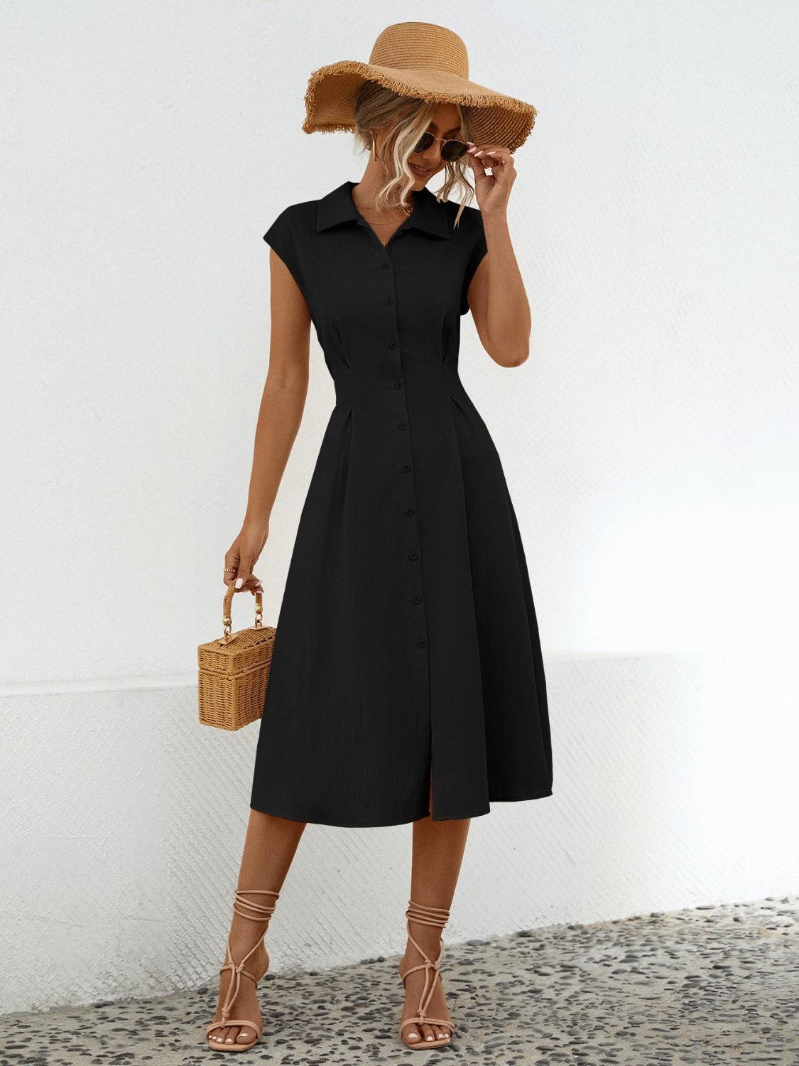 Button Up Cap Sleeve Midi Dress - ClubOn