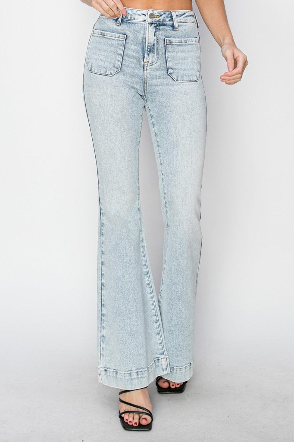 Risen Full Size High Rise Front Patch Pocket Flare Jeans - ClubOn