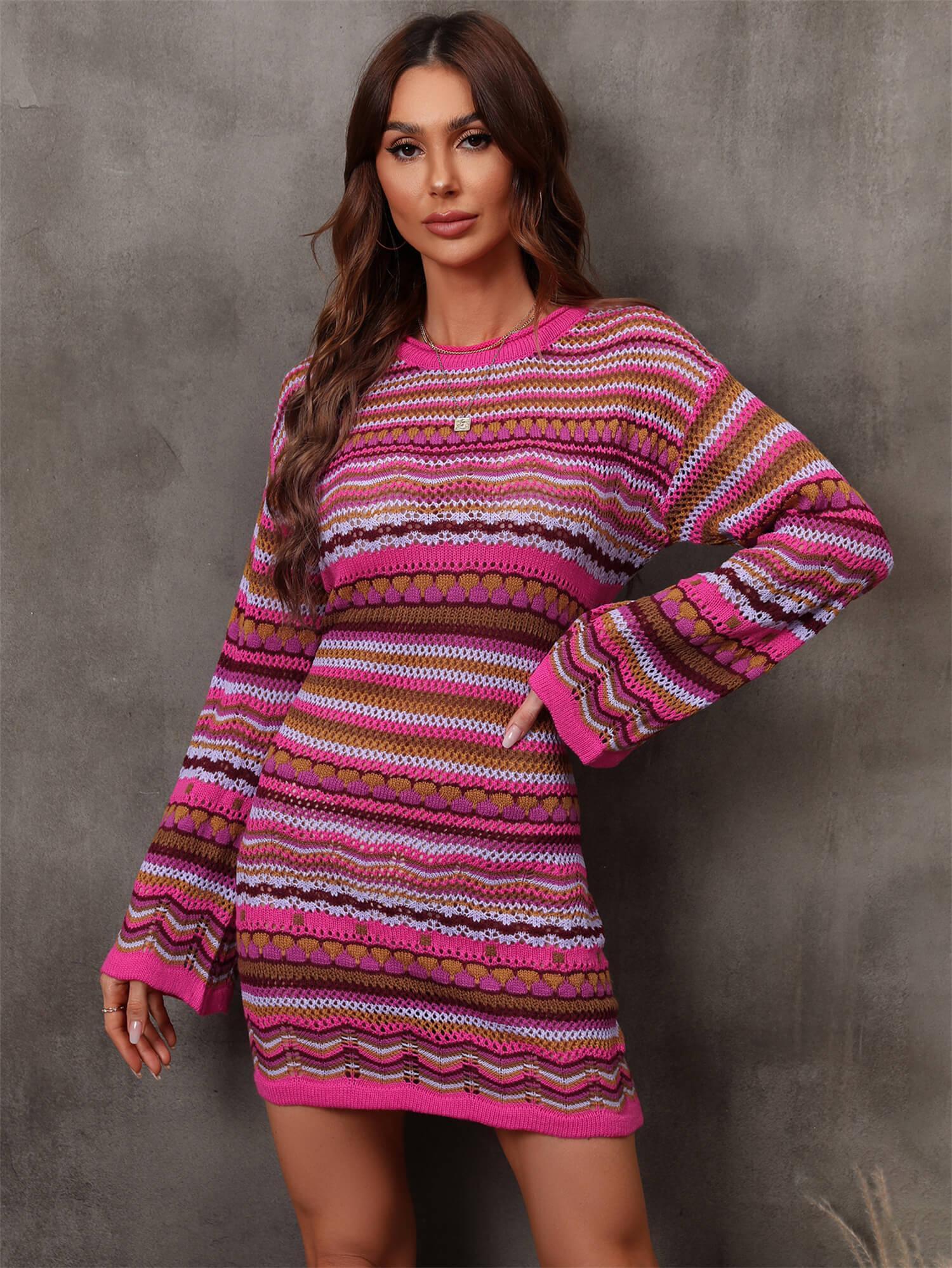 Angel Wings Multicolored Stripe Dropped Shoulder Sweater Dress - ClubOn