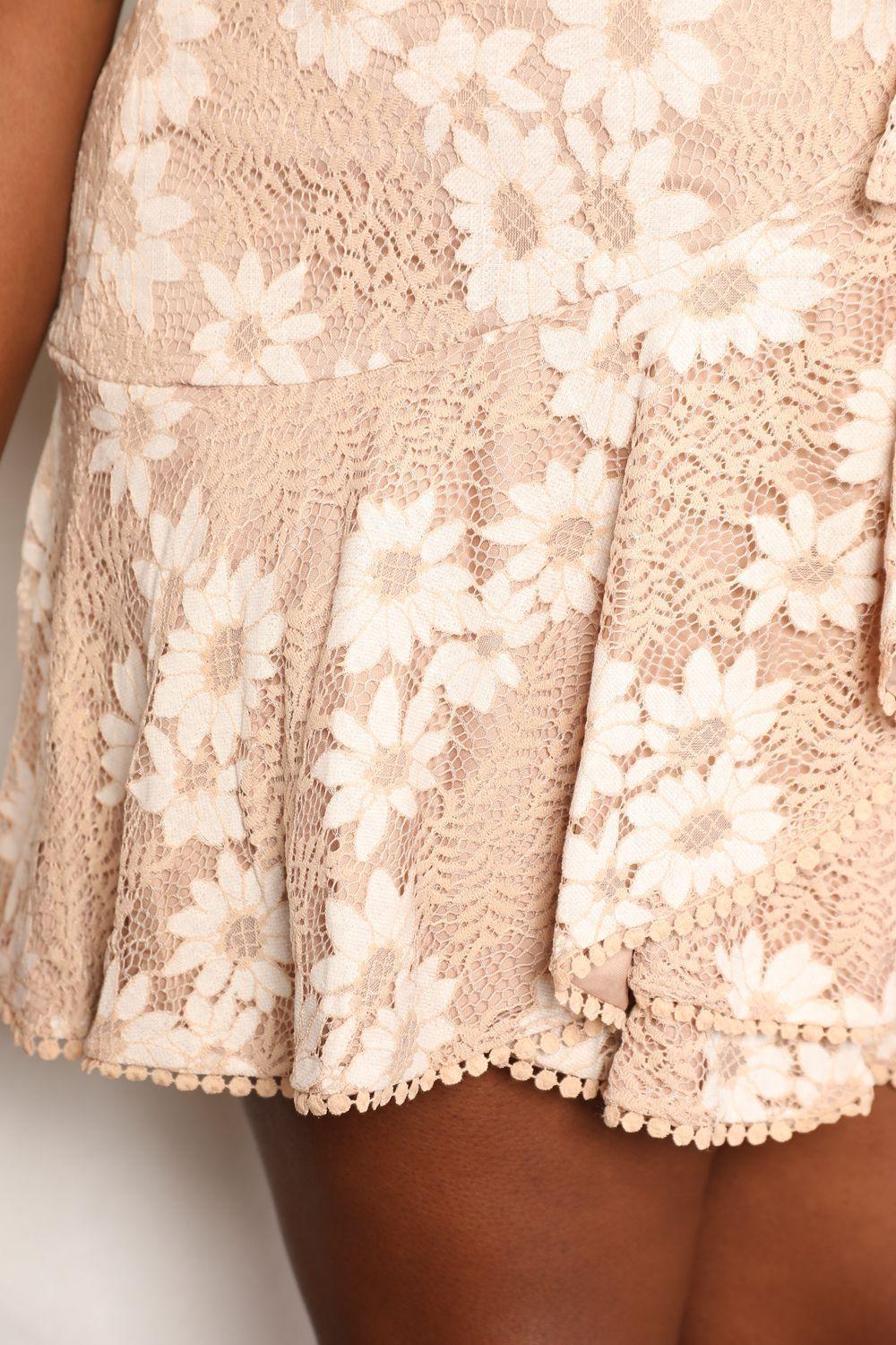 Double Take Floral Lace Pompom Detail Tie-Waist Flutter Sleeve Dress - ClubOn