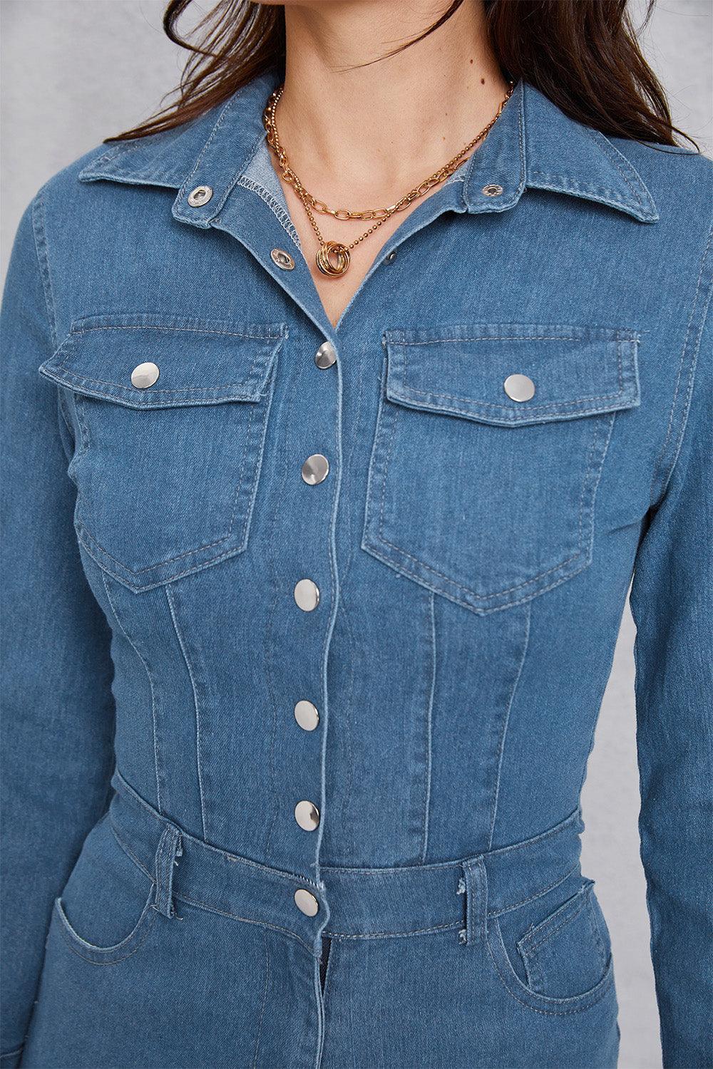 Snap Down Denim Jumpsuit with Pockets - ClubOn