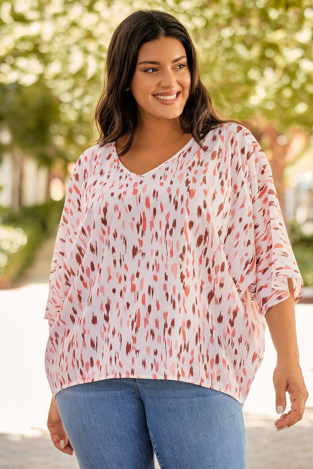 Plus Size Printed V-Neck Blouse - ClubOn