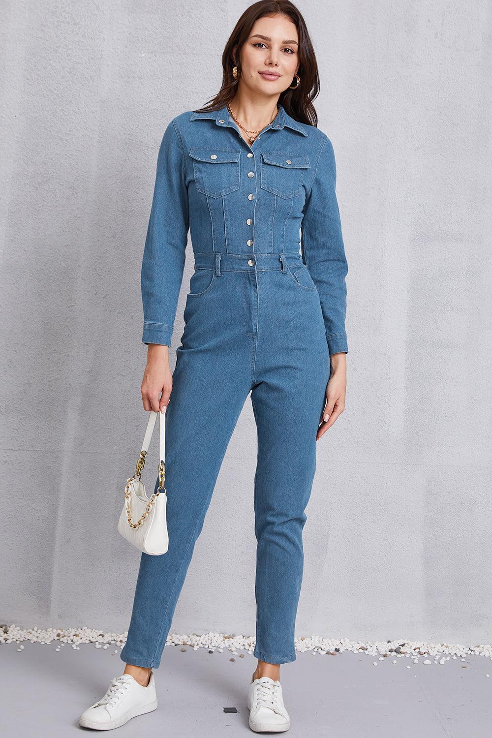Snap Down Denim Jumpsuit with Pockets - ClubOn