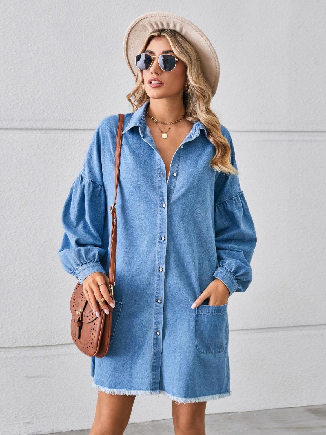 Button Up Pocketed Raw Hem Denim Dress - ClubOn