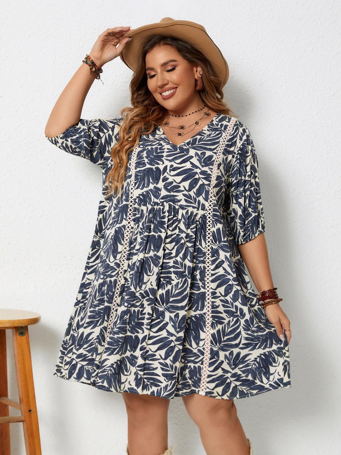 Plus Size Printed V-Neck Half Sleeve Mini Dress - ClubOn