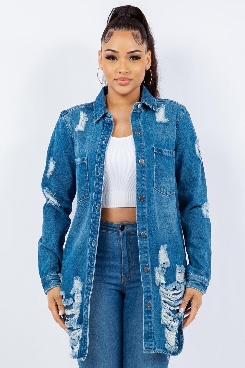 American Bazi Distressed Button Up Long Sleeve Denim Jacket - ClubOn
