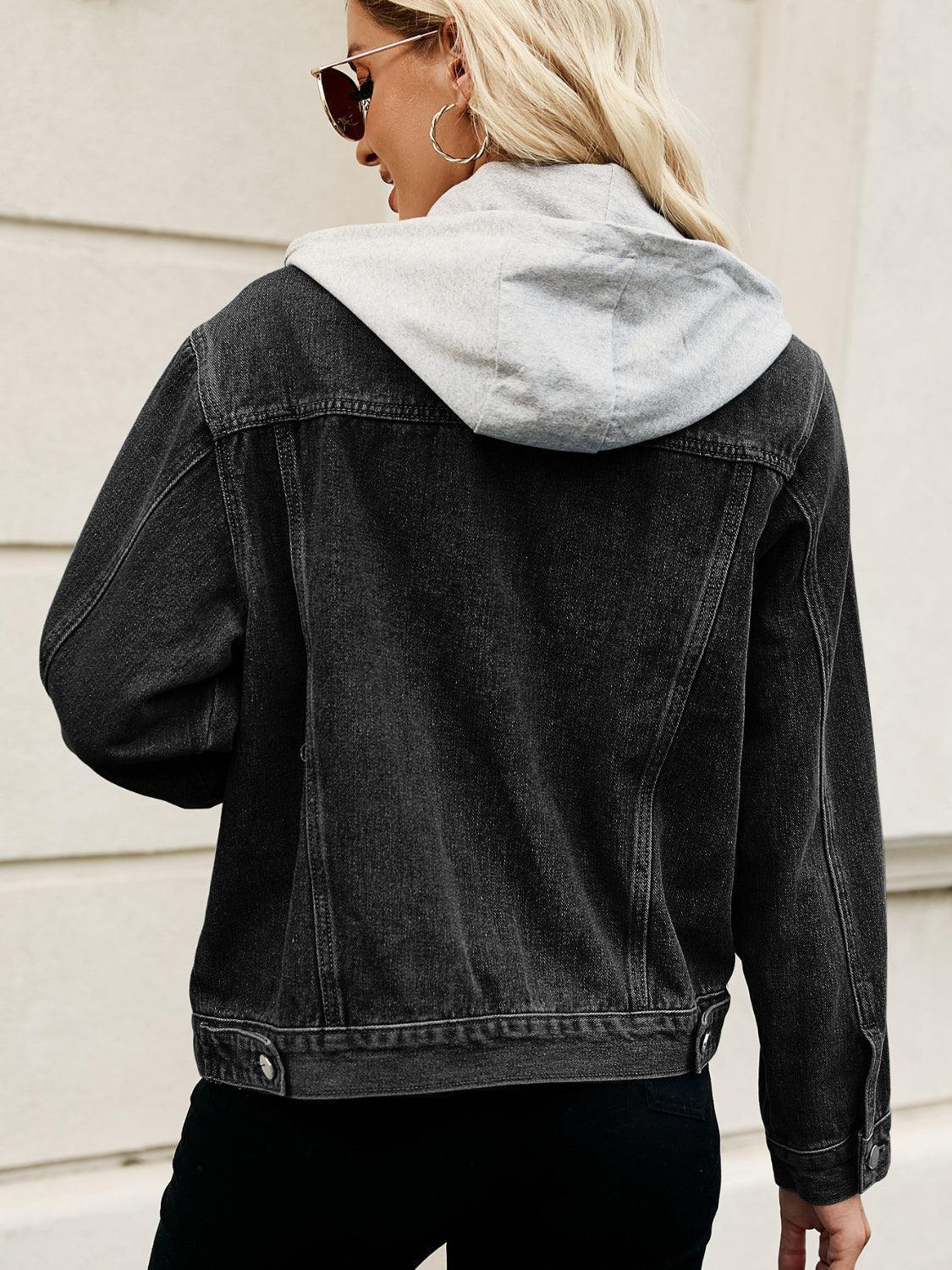Drawstring Hooded Button Up Denim Jacket - ClubOn