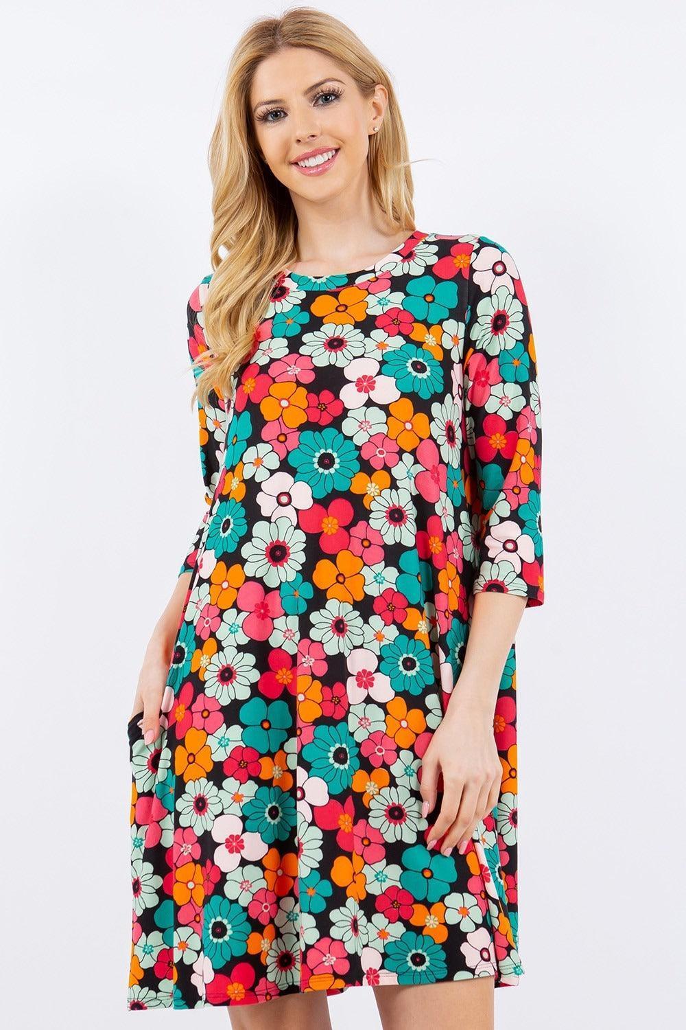 Celeste Full Size Floral Three-Quarter Sleeve Dress with Pockets - ClubOn