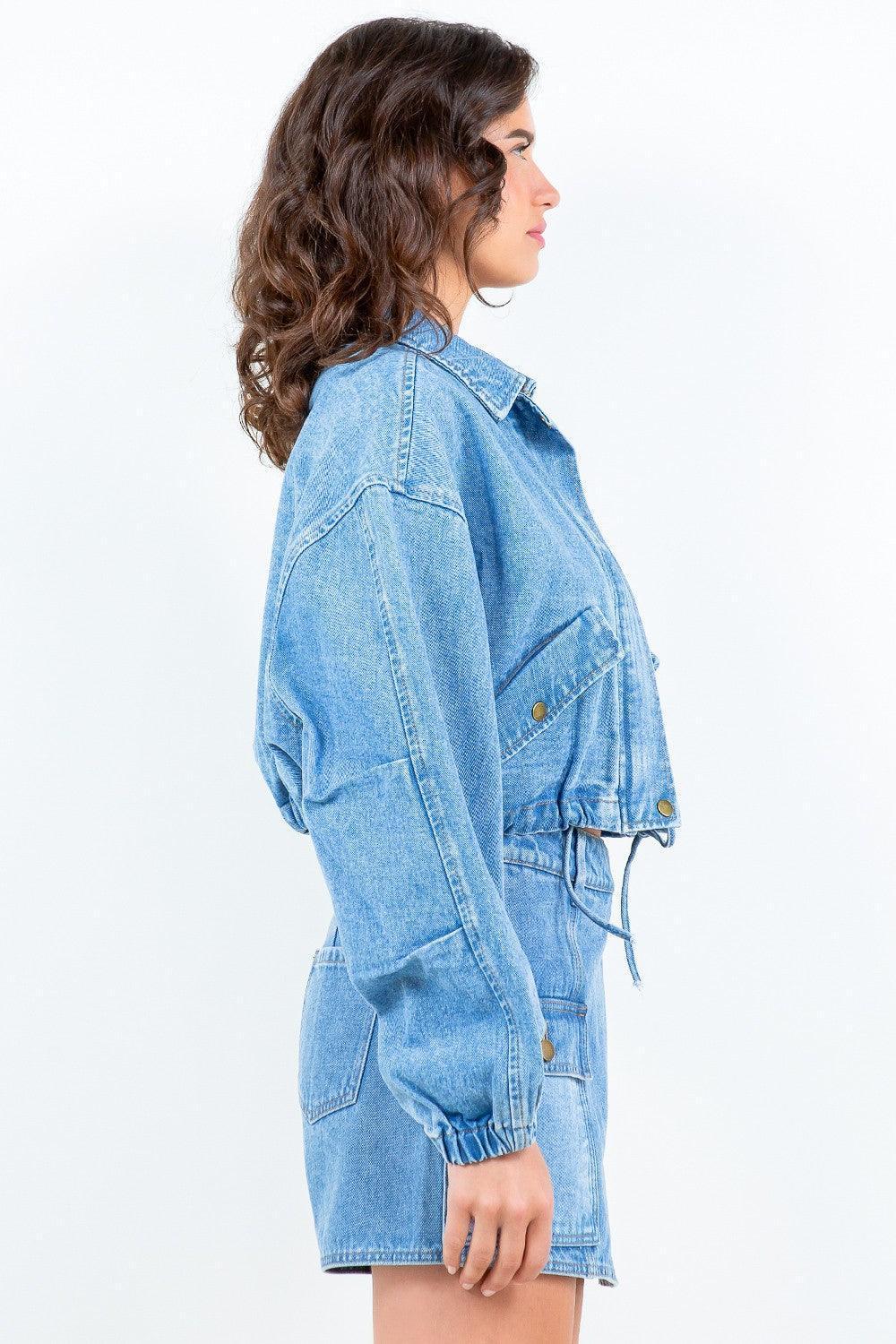 American Bazi Drawstring Waist Crop Denim Jacket - ClubOn