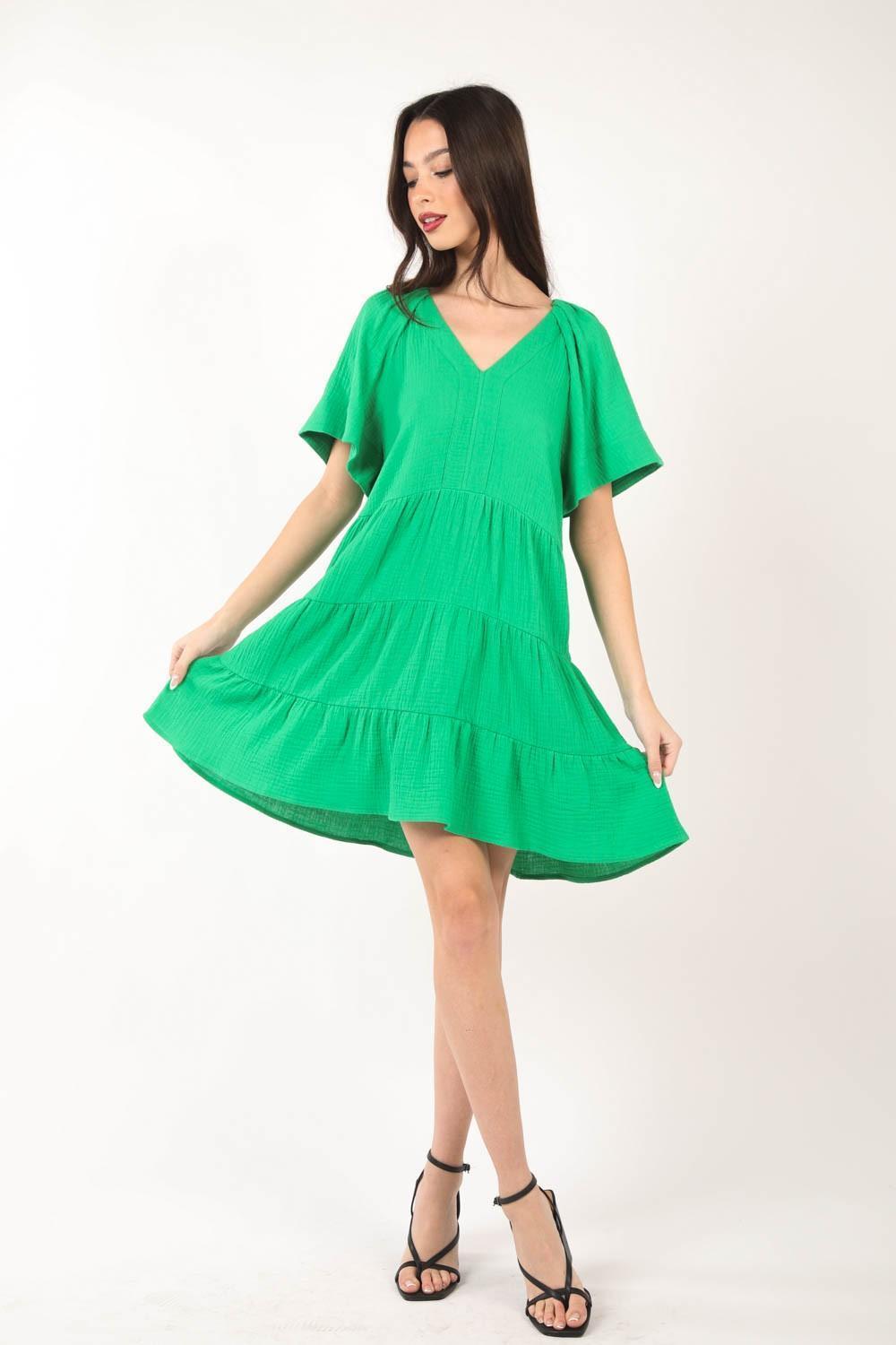 VERY J Texture V-Neck Ruffled Tiered Dress - ClubOn