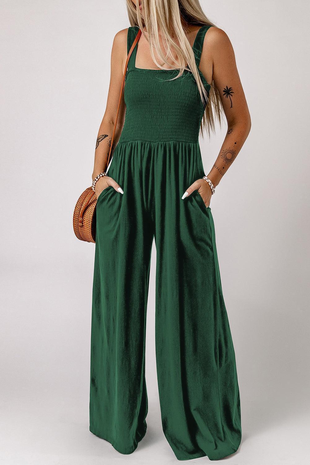 Smocked Square Neck Wide Leg Jumpsuit with Pockets - ClubOn