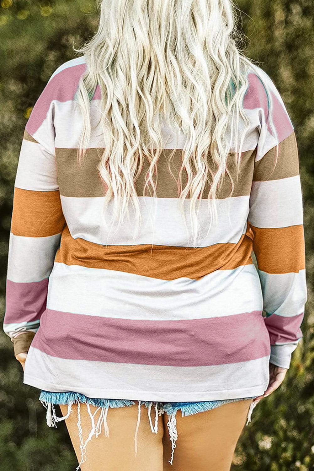 Plus Size Striped Slit Long Sleeve T-Shirt - ClubOn
