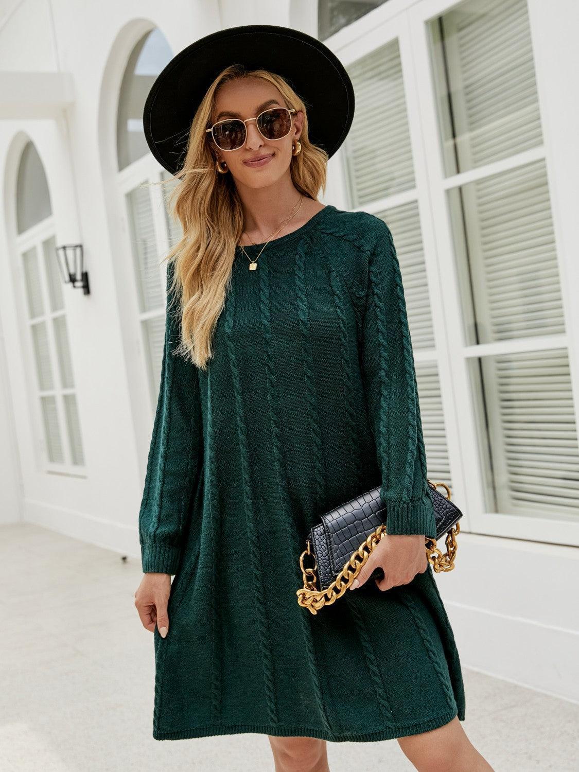 Cable-Knit Long Sleeve Sweater Dress - ClubOn