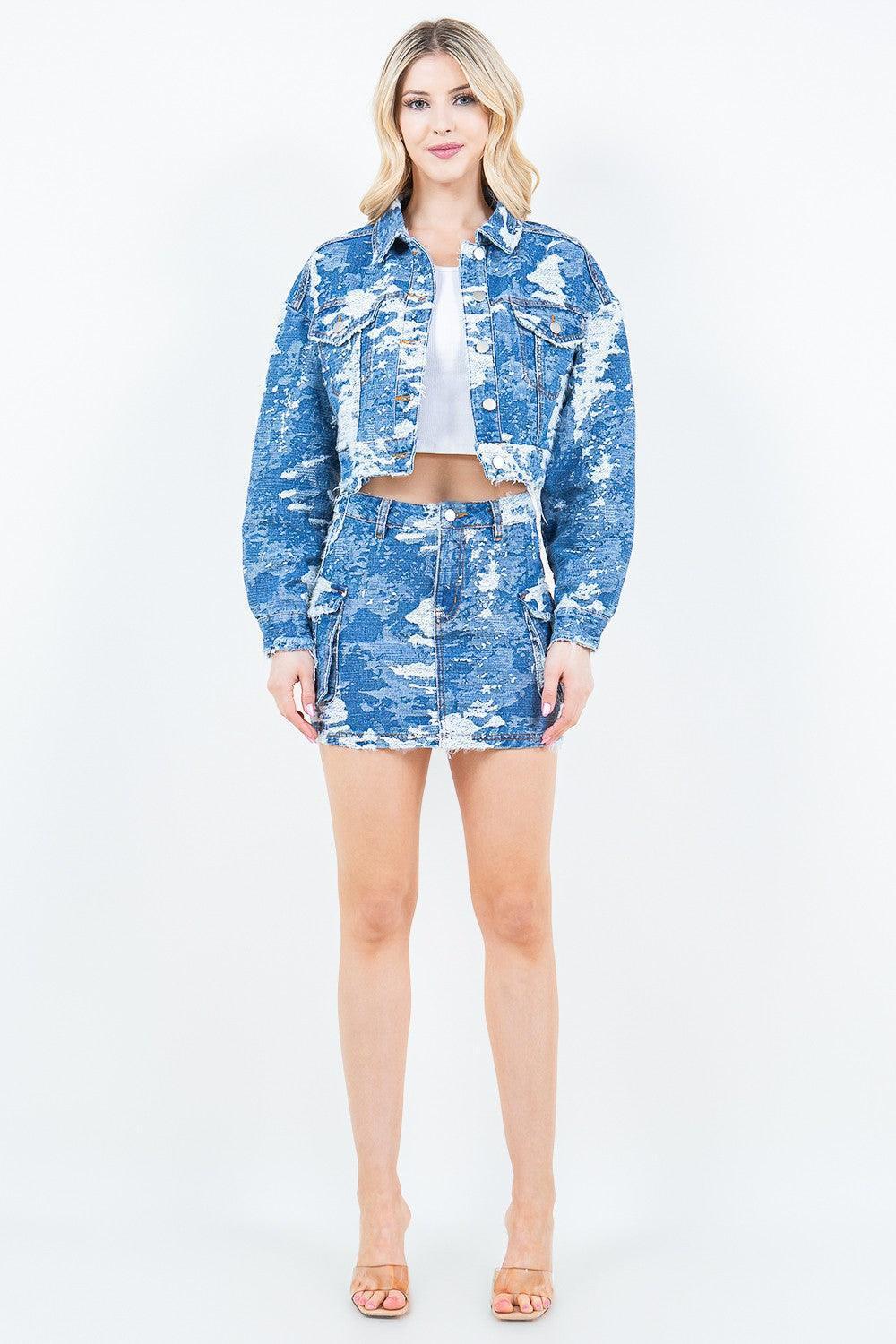 American Bazi Jacquard Trim Cropped Denim Jacket - ClubOn