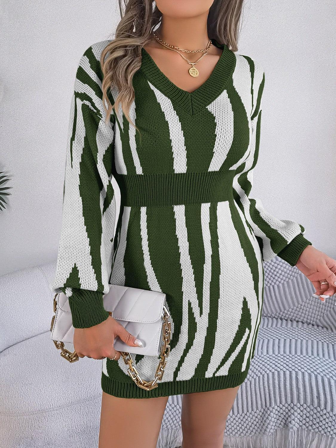 Animal Print V-Neck Long Sleeve Sweater Dress - ClubOn