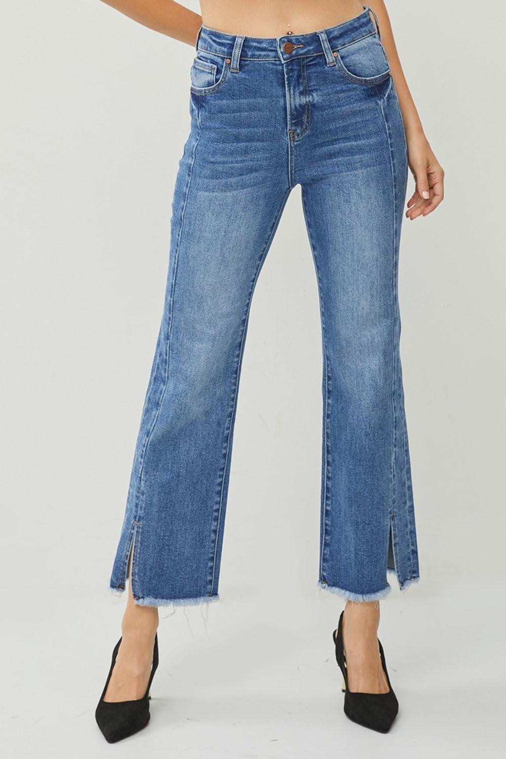 RISEN High Waist Raw Hem Slit Straight Jeans - ClubOn