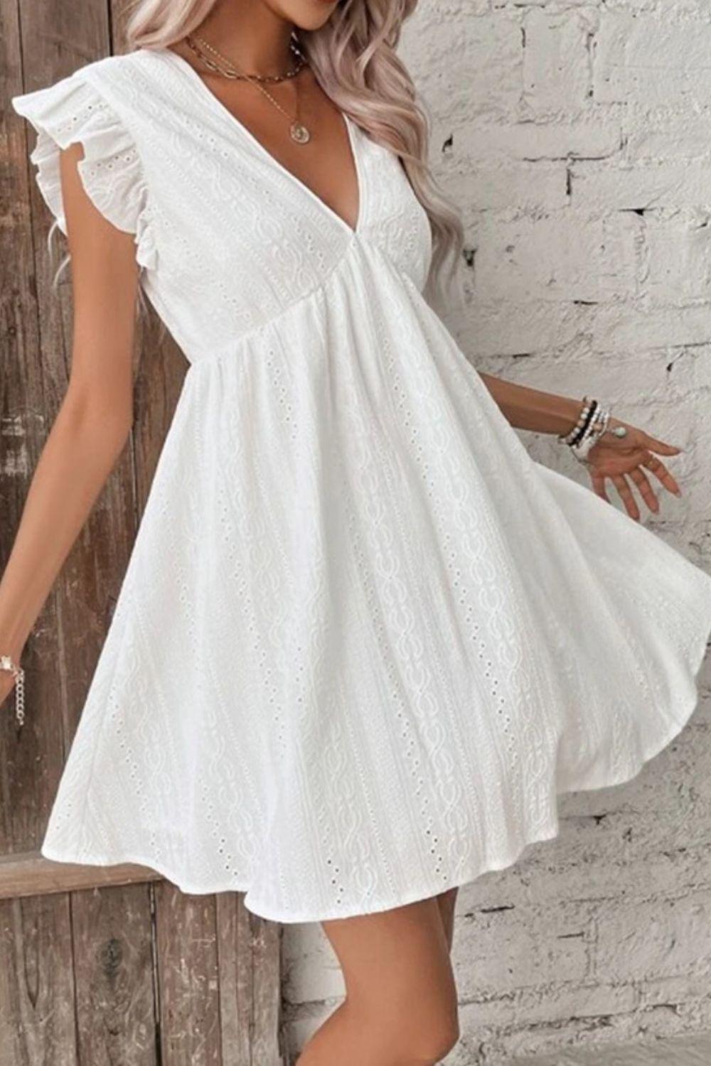 Eyelet Ruffled Cap Sleeve Mini Dress - ClubOn