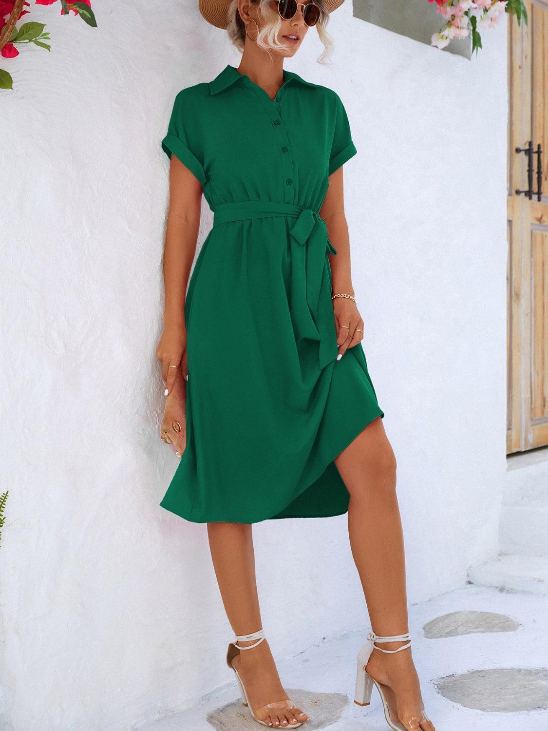 Buttoned Tie Waist Short Sleeve Dress - ClubOn