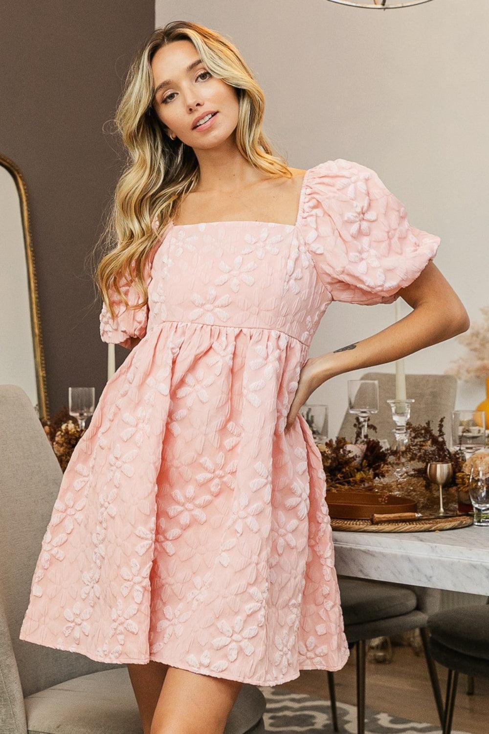 BiBi Flower Square Neck Puff Sleeve Dress - ClubOn