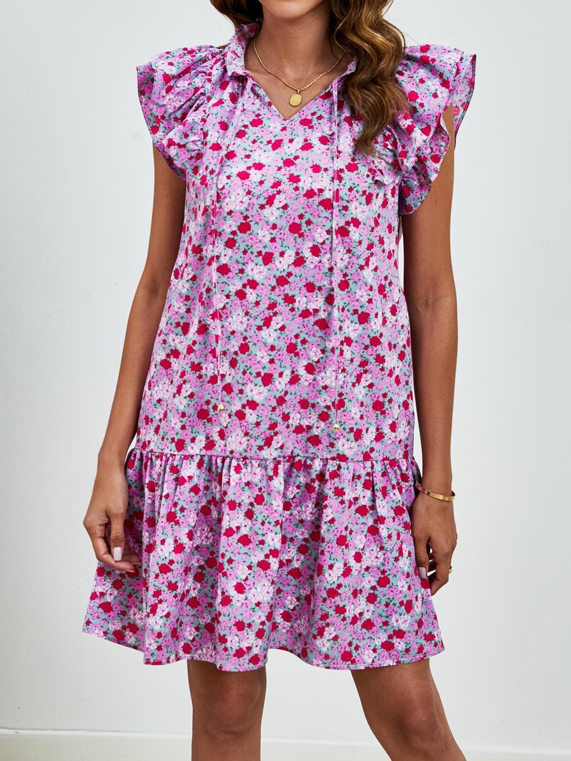 Tied Floral Cap Sleeve Mini Dress - ClubOn