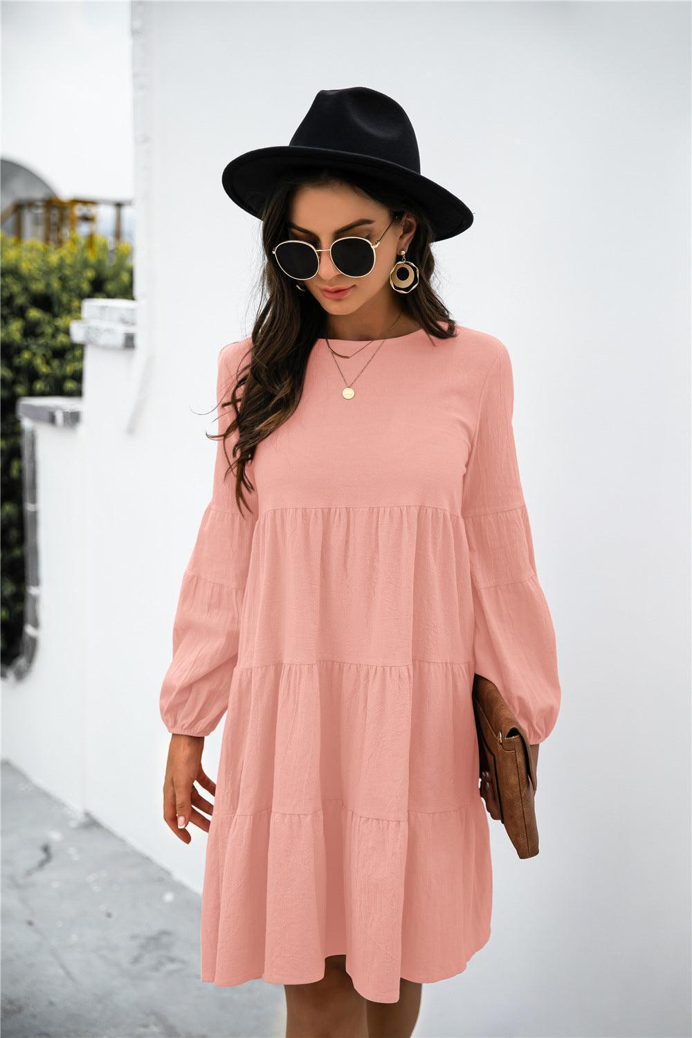 Balloon Sleeve Keyhole Tiered Dress - ClubOn
