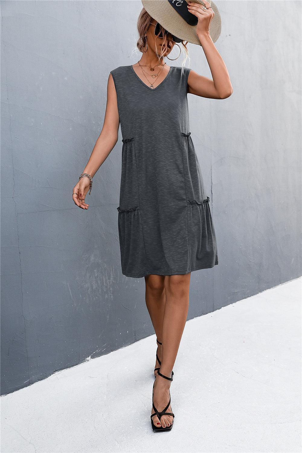 V-Neck Frill Trim Sleeveless Dress - ClubOn