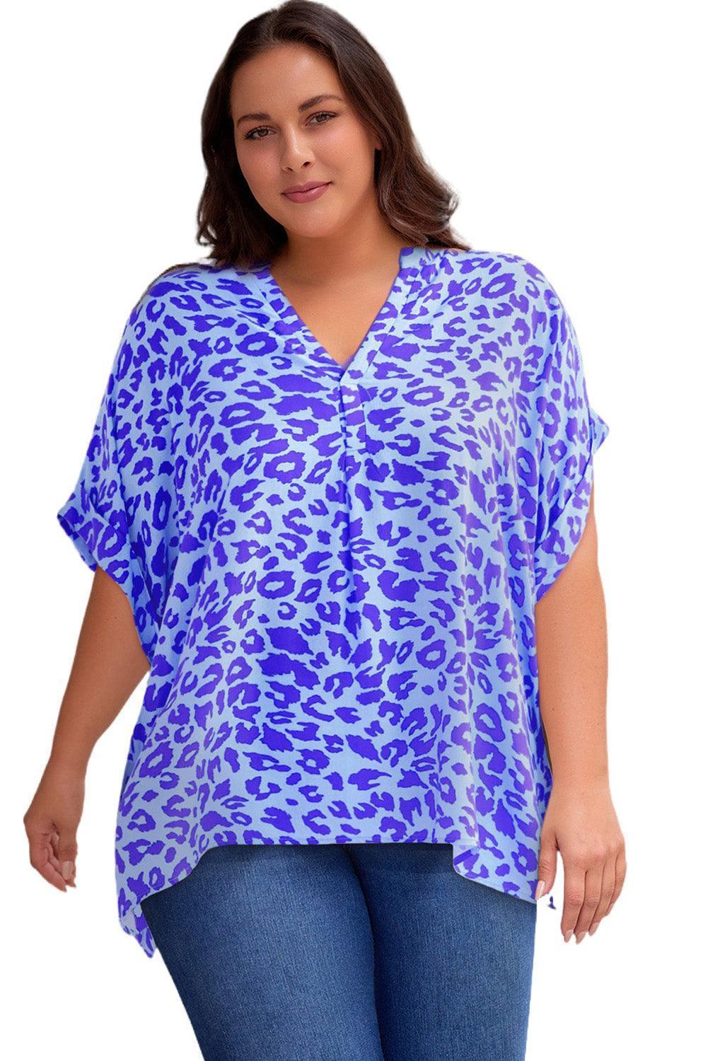 Plus Size Printed Notched Neck Half Sleeve Top - ClubOn