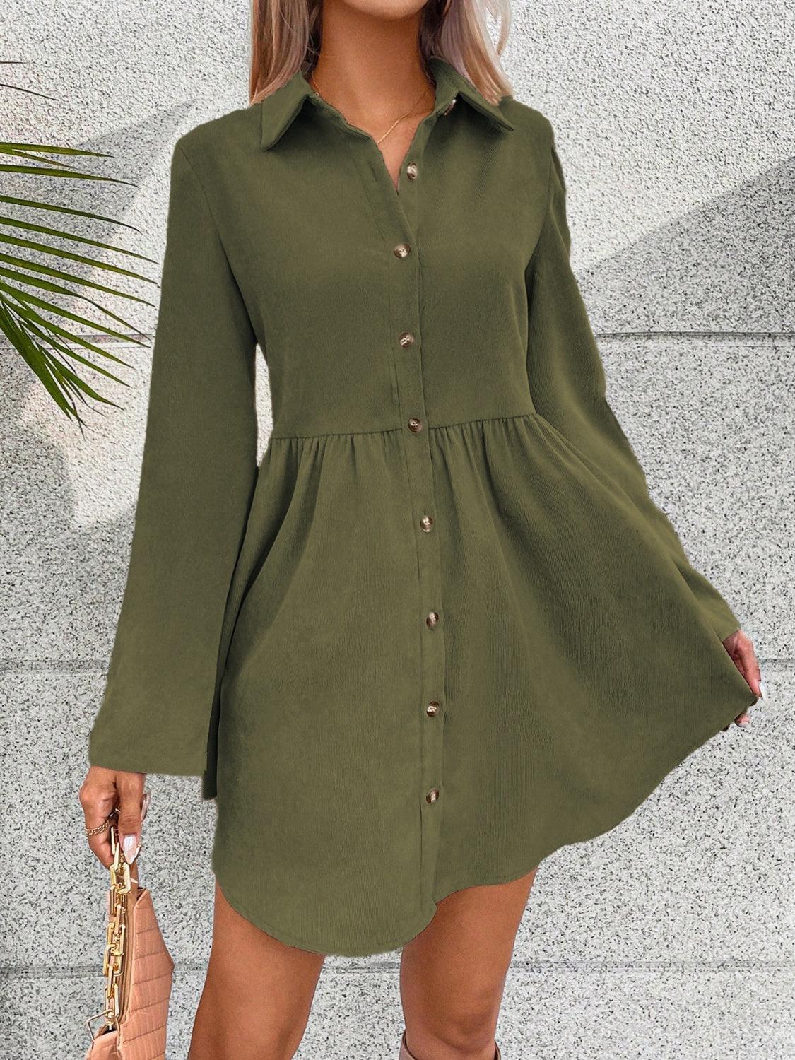 Button Up Collared Neck Long Sleeve Dress - ClubOn